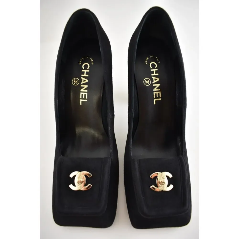 Chanel 26S Blazy Black Suede Square Toe Turnlock Gold CC Logo Block Heel Pump 38